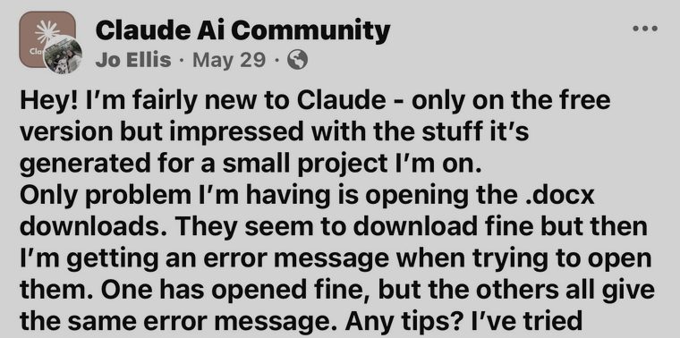 Facebook post asking for help opening a docx download